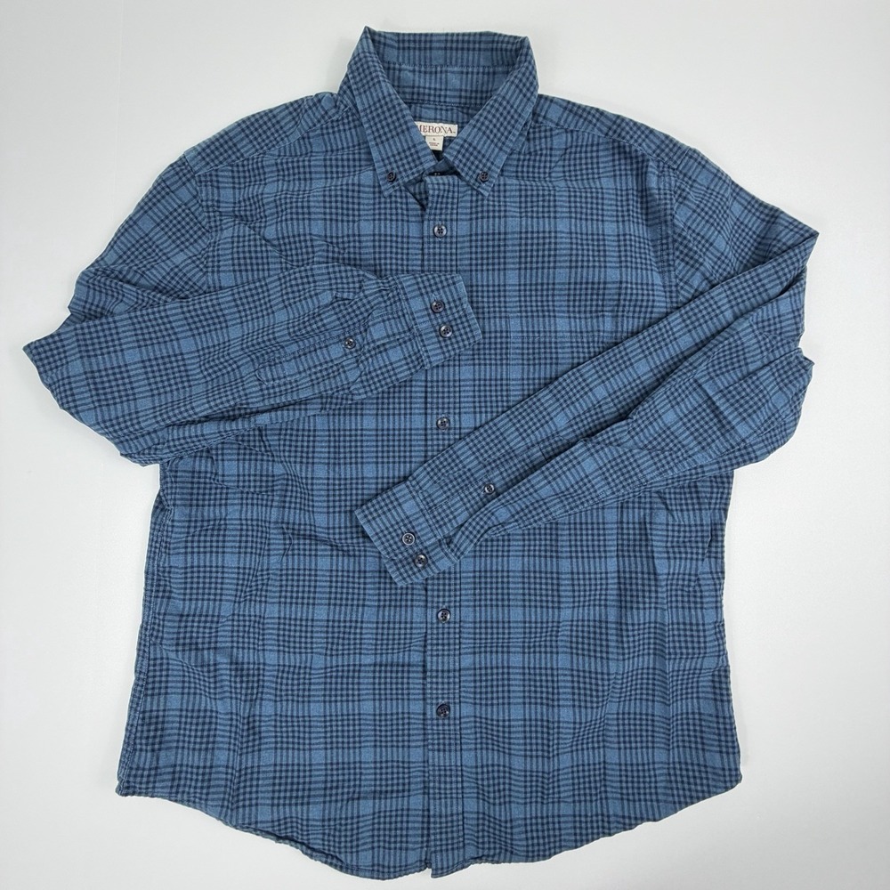 Mens Blue Plaid‎ Long Sleeve Button Down Cotton Shirt Large Casual